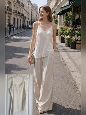 EUC H&M Divided Ivory/Cream Asymmetrical Lace Camisole With Side Slit, Size Med